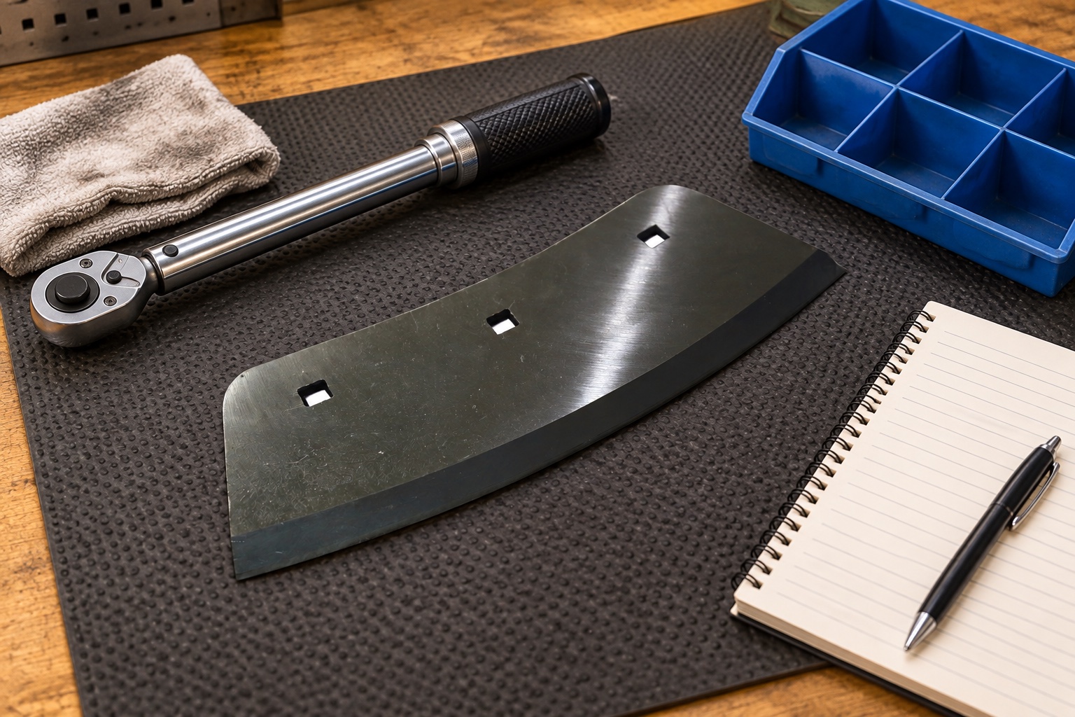 Blade inspection reference and a blank maintenance log arranged on a service bench
