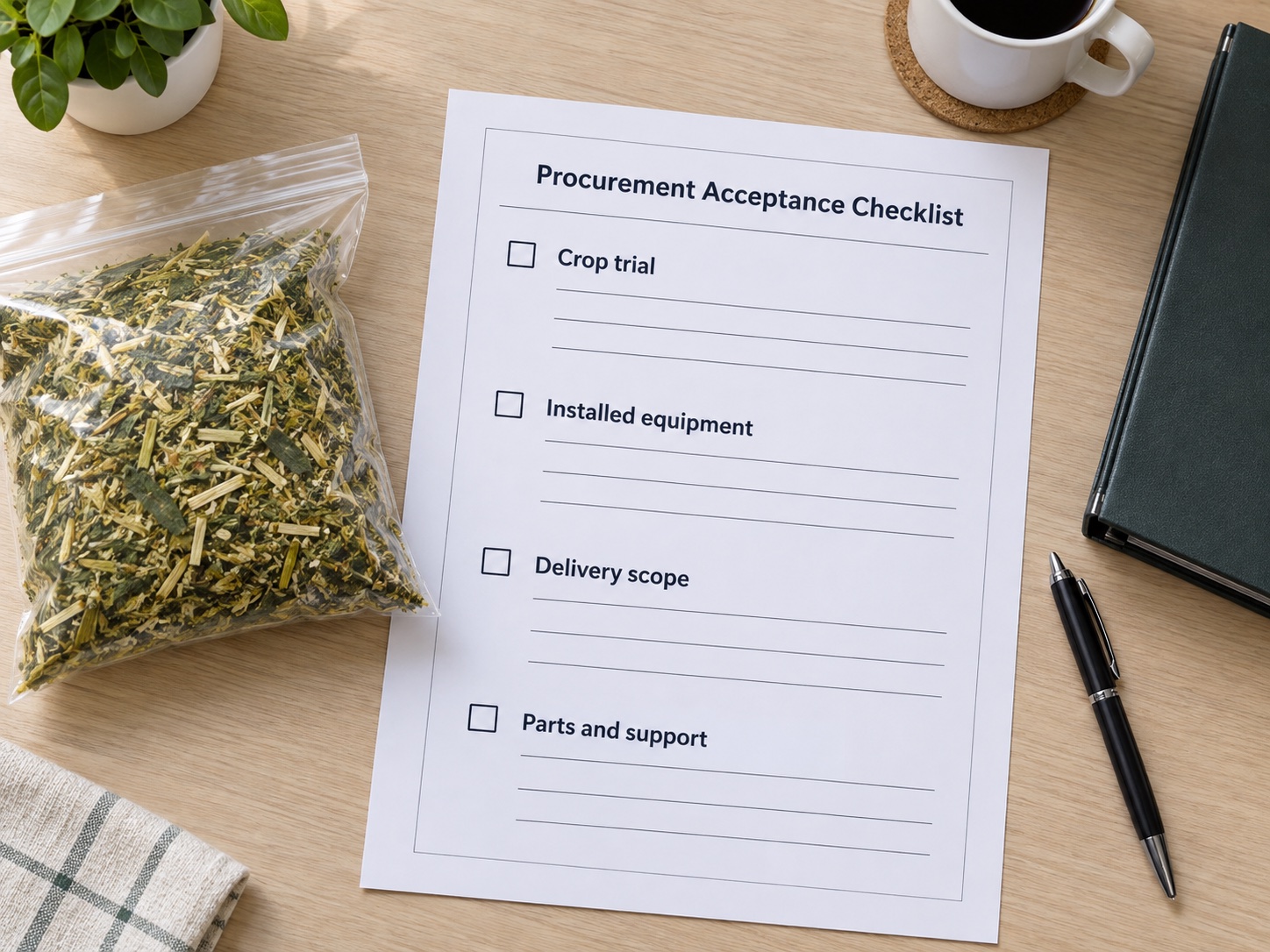 Purchasing acceptance checklist for crop trial, installed equipment, delivery and support