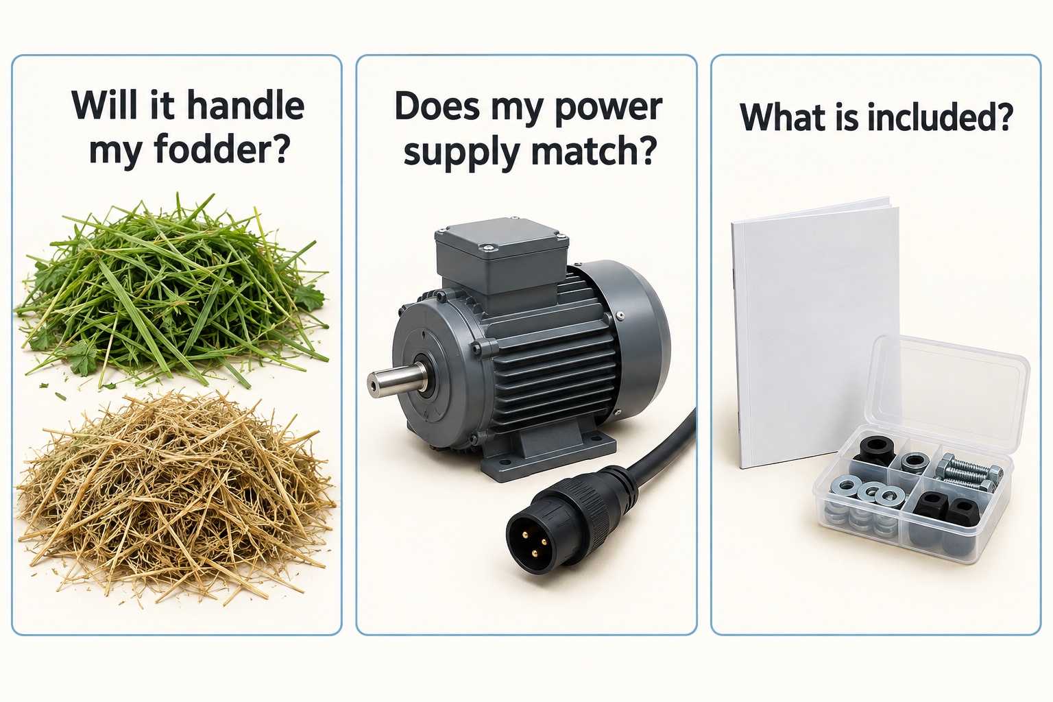 Buyer questions linking crop samples, power compatibility and machine documentation