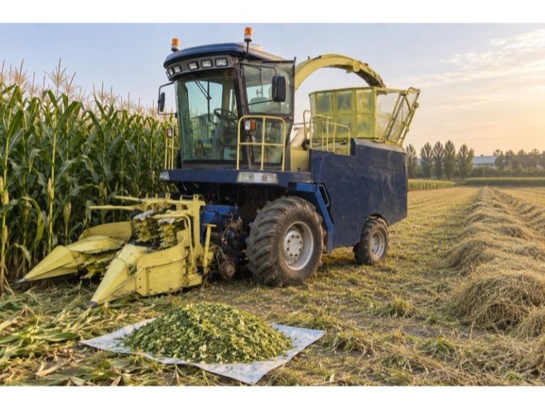 Forage Chopper beside standing maize and mown forage during harvest-method planning