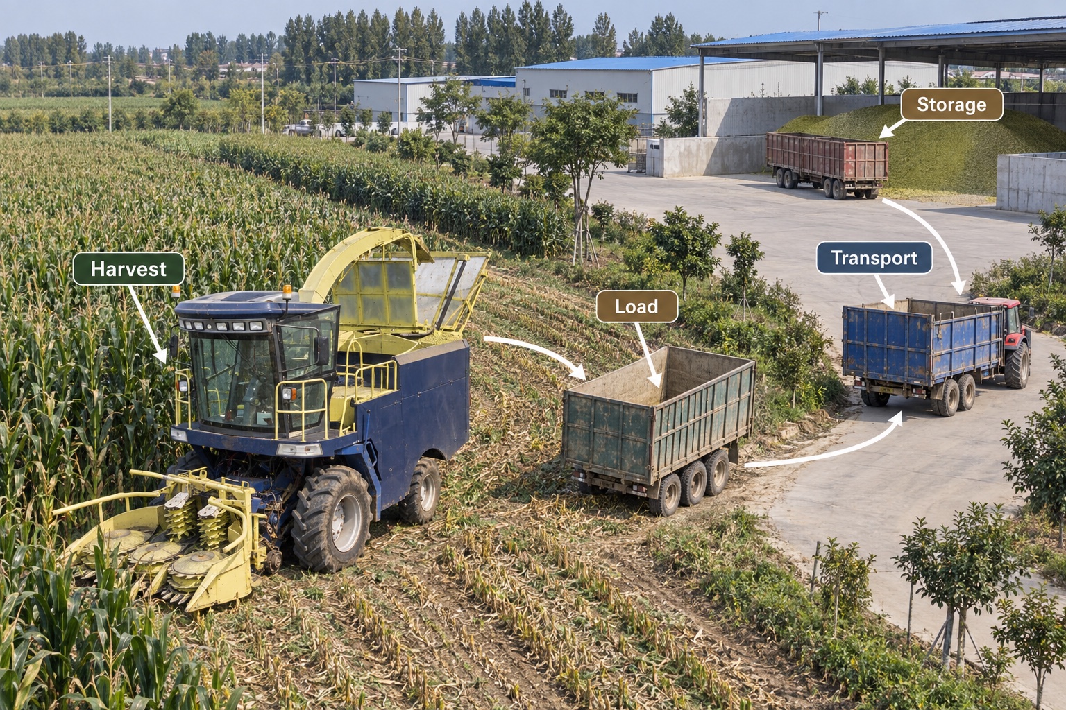 Forage Chopper logistics chart covering field, trailers and storage
