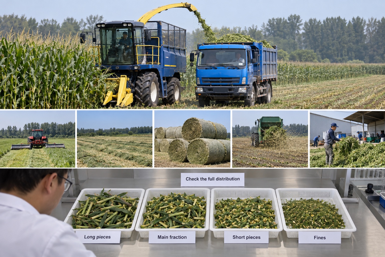 Long pieces, main fraction, short pieces and fines from chopped forage