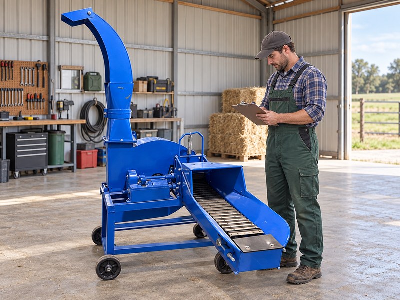 Stopped blue forage chopper with operator reviewing a safety checklist in a workshop