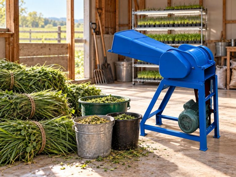 Blue forage chopper beside harvested grass with a separate sprout rack in the background