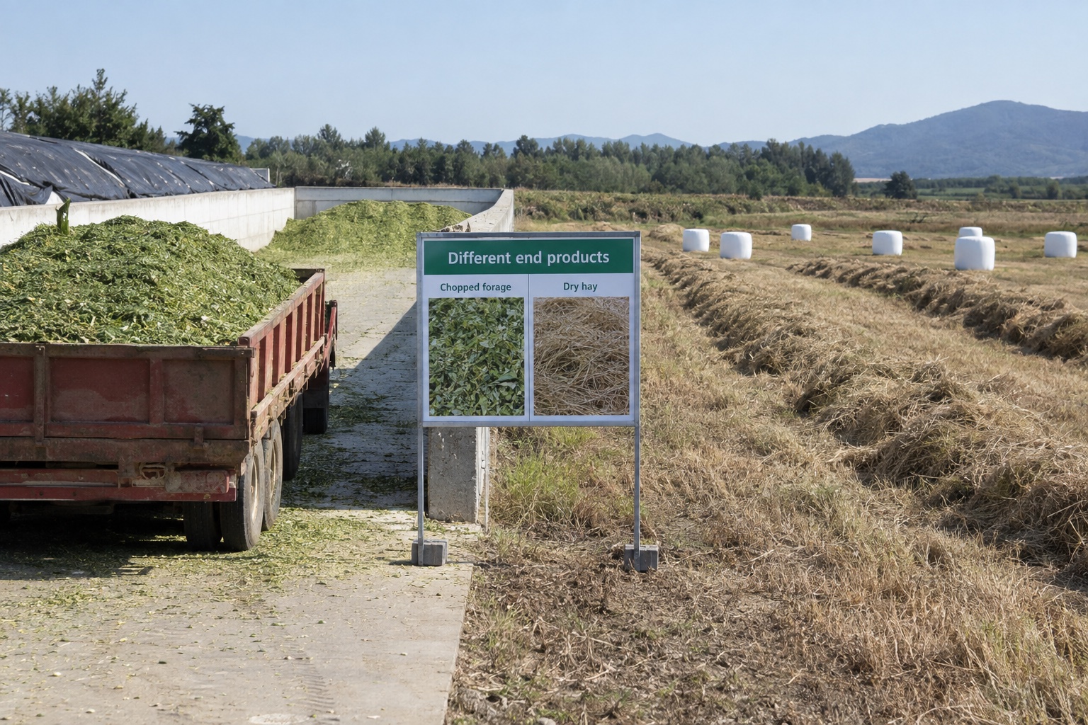 Chopped forage and dry hay shown as different harvest end products