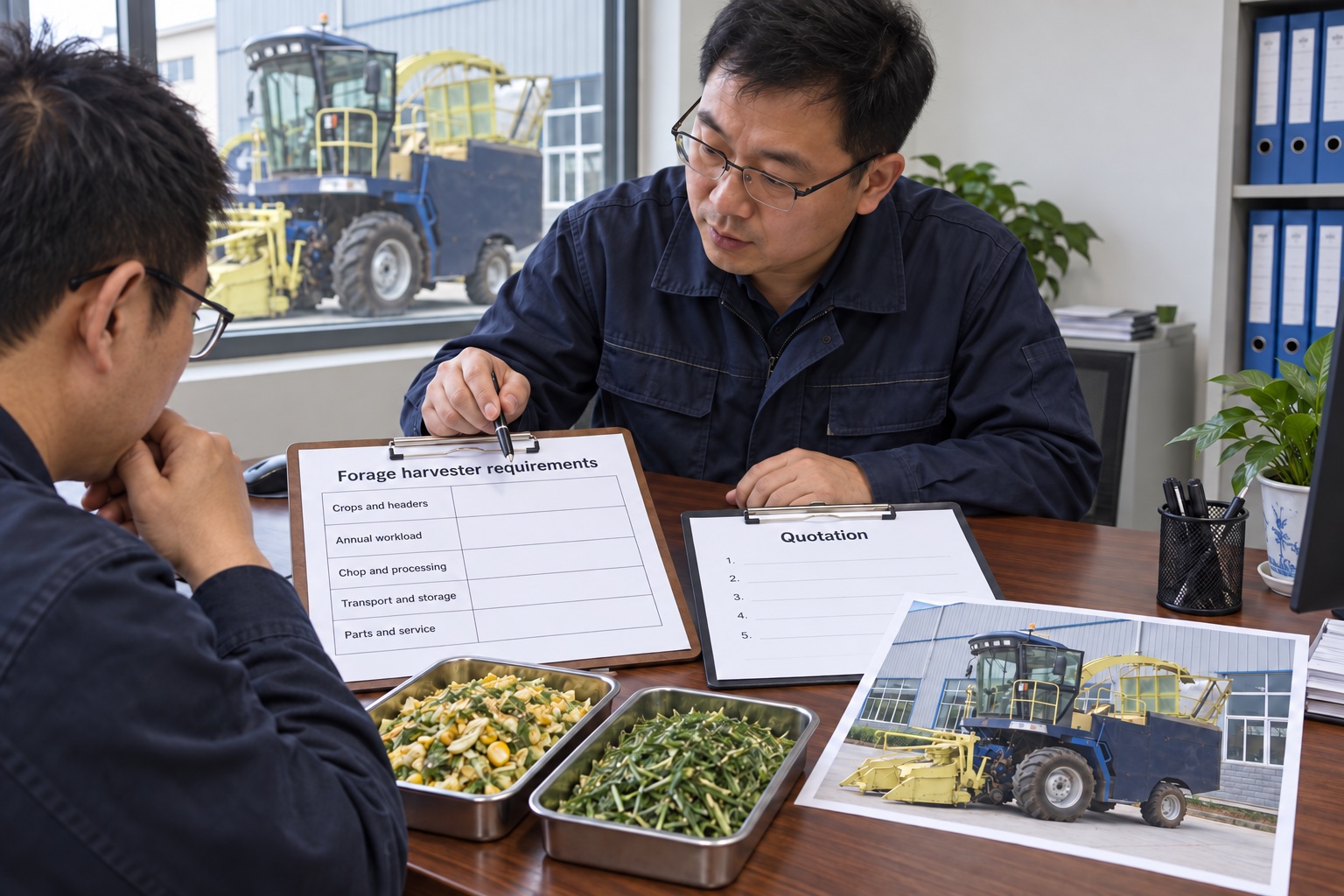 Forage Harvester requirements reviewed beside an itemized quotation