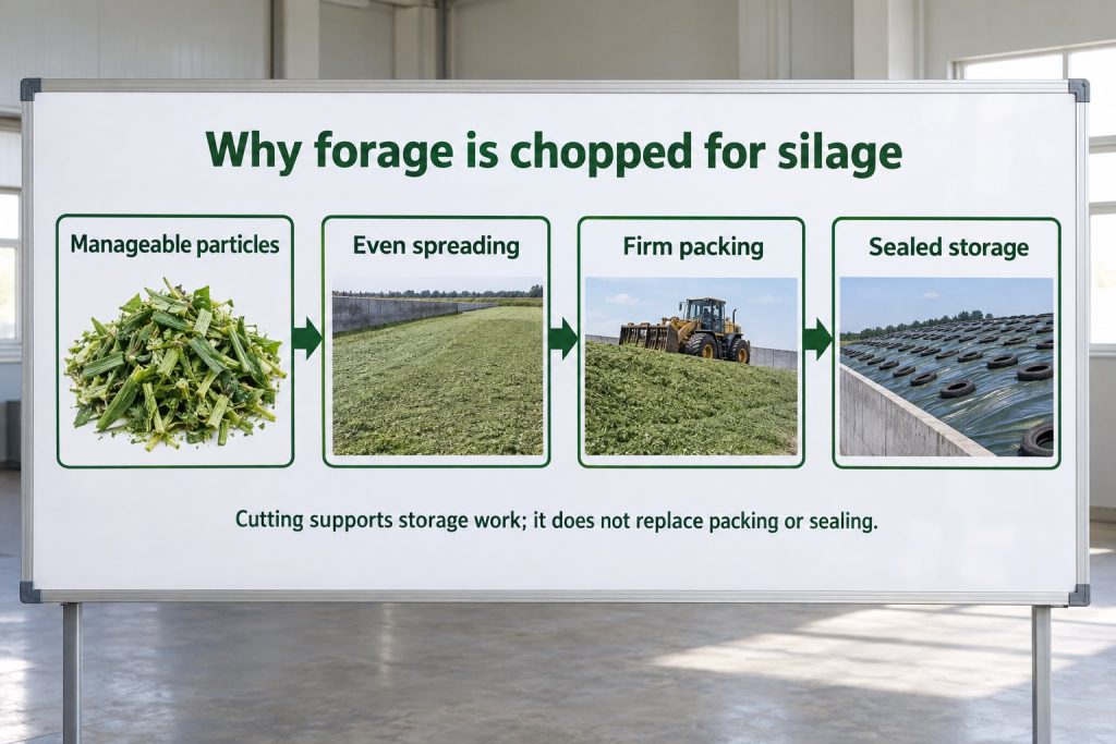 Silage workflow after the forage harvester: uniformly chopped forage, even spreading, firm packing and sealed storage