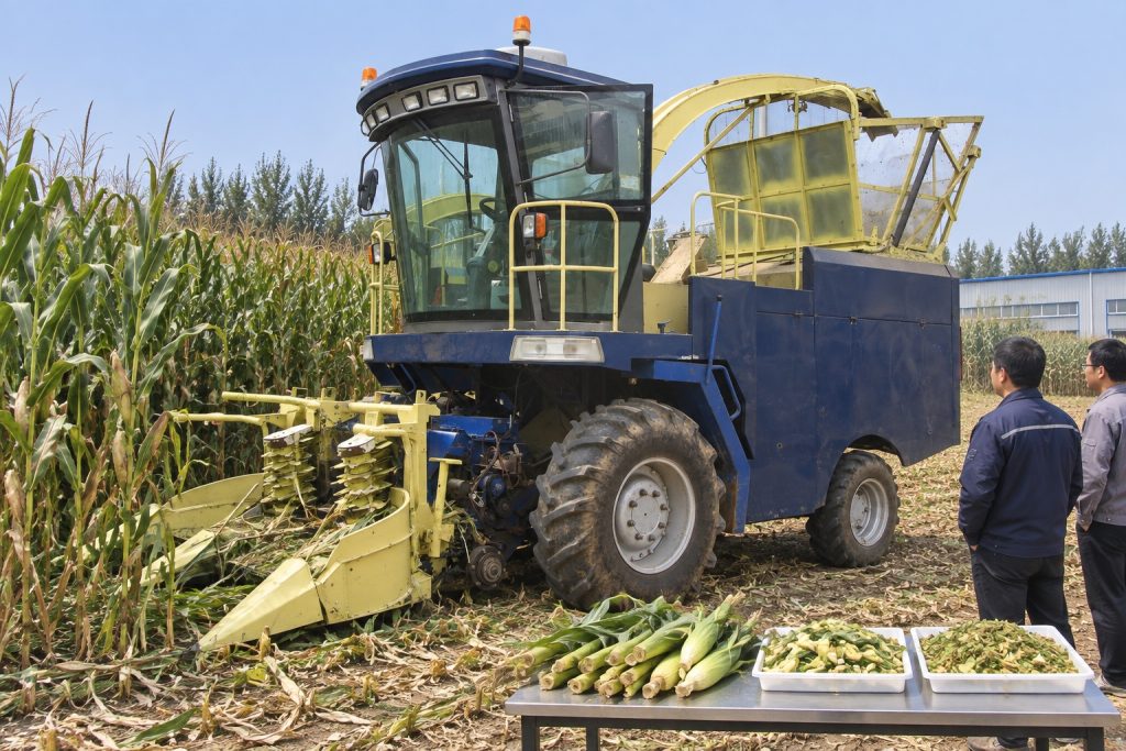 Forage harvester machine in a whole-plant corn field with freshly chopped silage samples for inspection