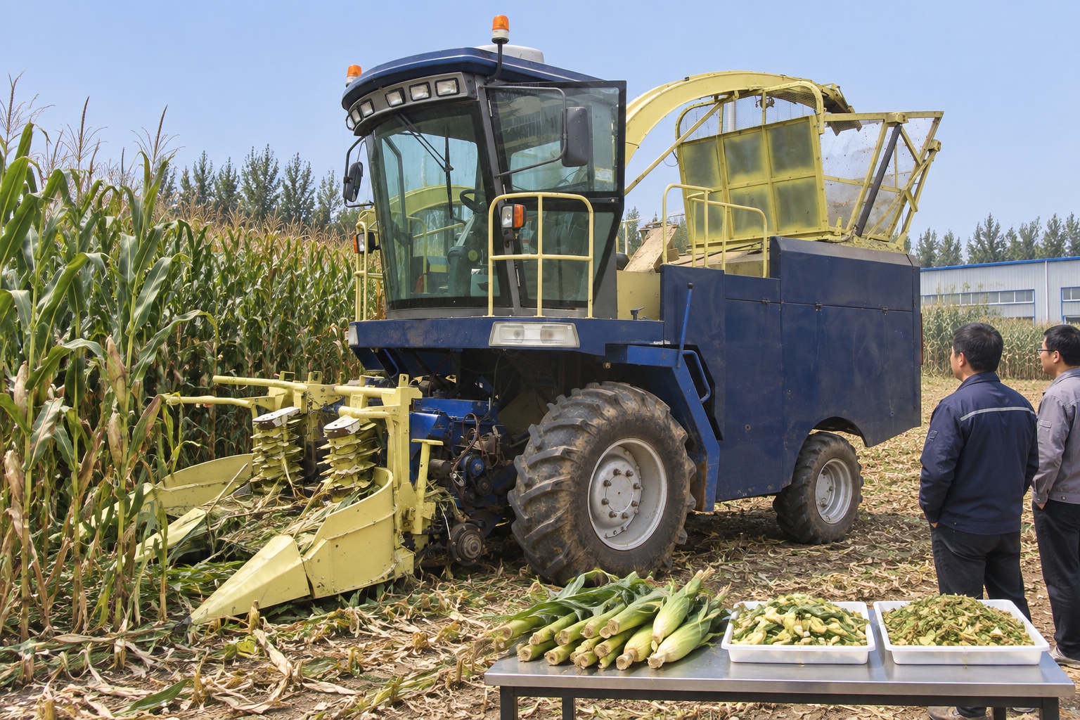 Forage Harvester beside whole-plant maize and chopped crop samples
