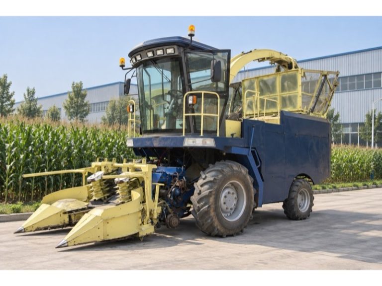 Forage Harvester with a dark-blue body, pale-yellow header and rear collection hopper beside maize