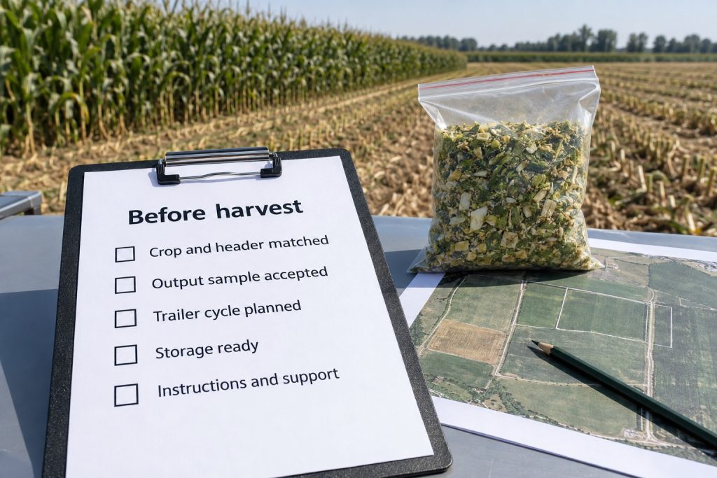 Pre-harvest checklist for a forage harvester: crop and header matched, output sample accepted, trailer cycle planned, storage ready