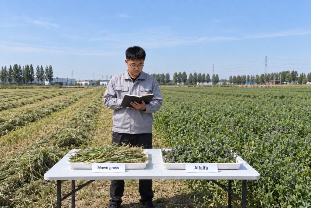 Field inspection of cut forage samples to check chop quality before harvest