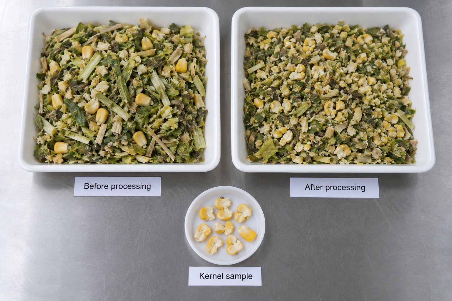 Whole-crop corn samples before and after kernel processing
