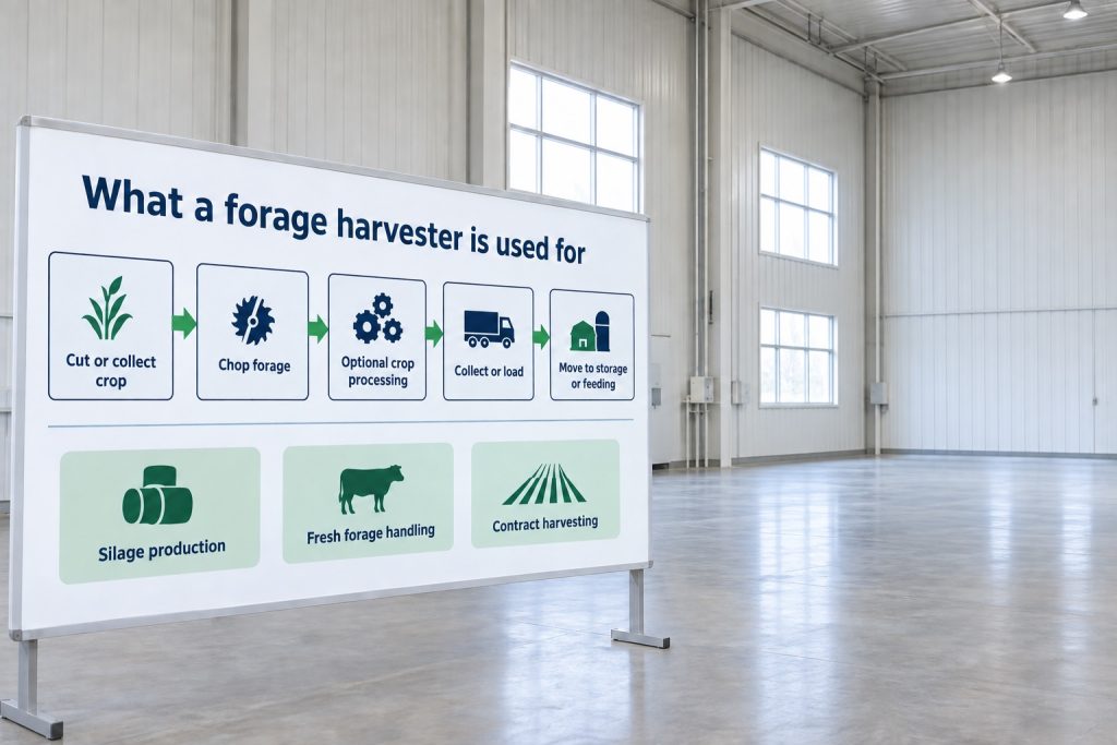 Forage harvester workflow chart from cutting and chopping to hauling, storage and feeding