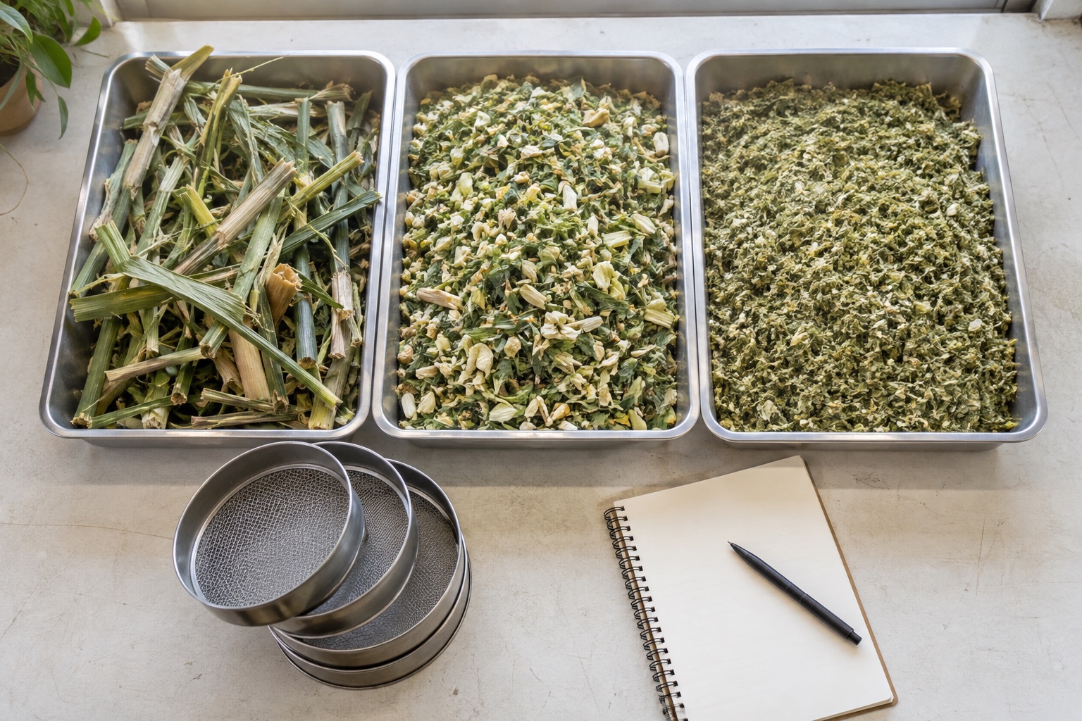 Representative forage samples compared for long pieces, useful particles and excessive fines