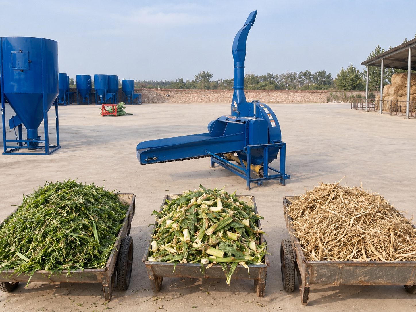 Grass, maize stalks and dry straw staged for separate material trials