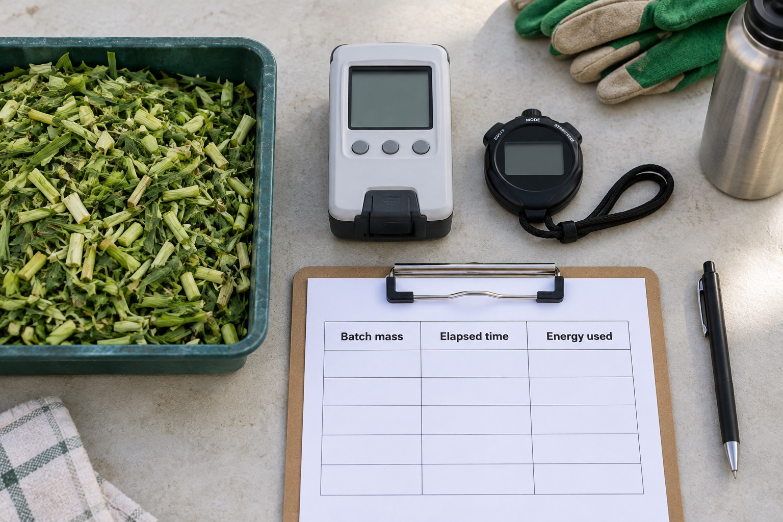 Weighed forage, elapsed time and an energy log prepared for a fair power comparison