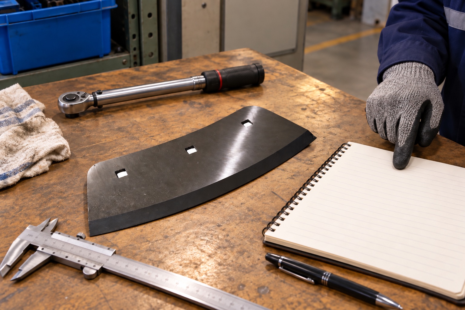 Chaff Cutter knife inspected with approved fasteners and a service record on a maintenance bench