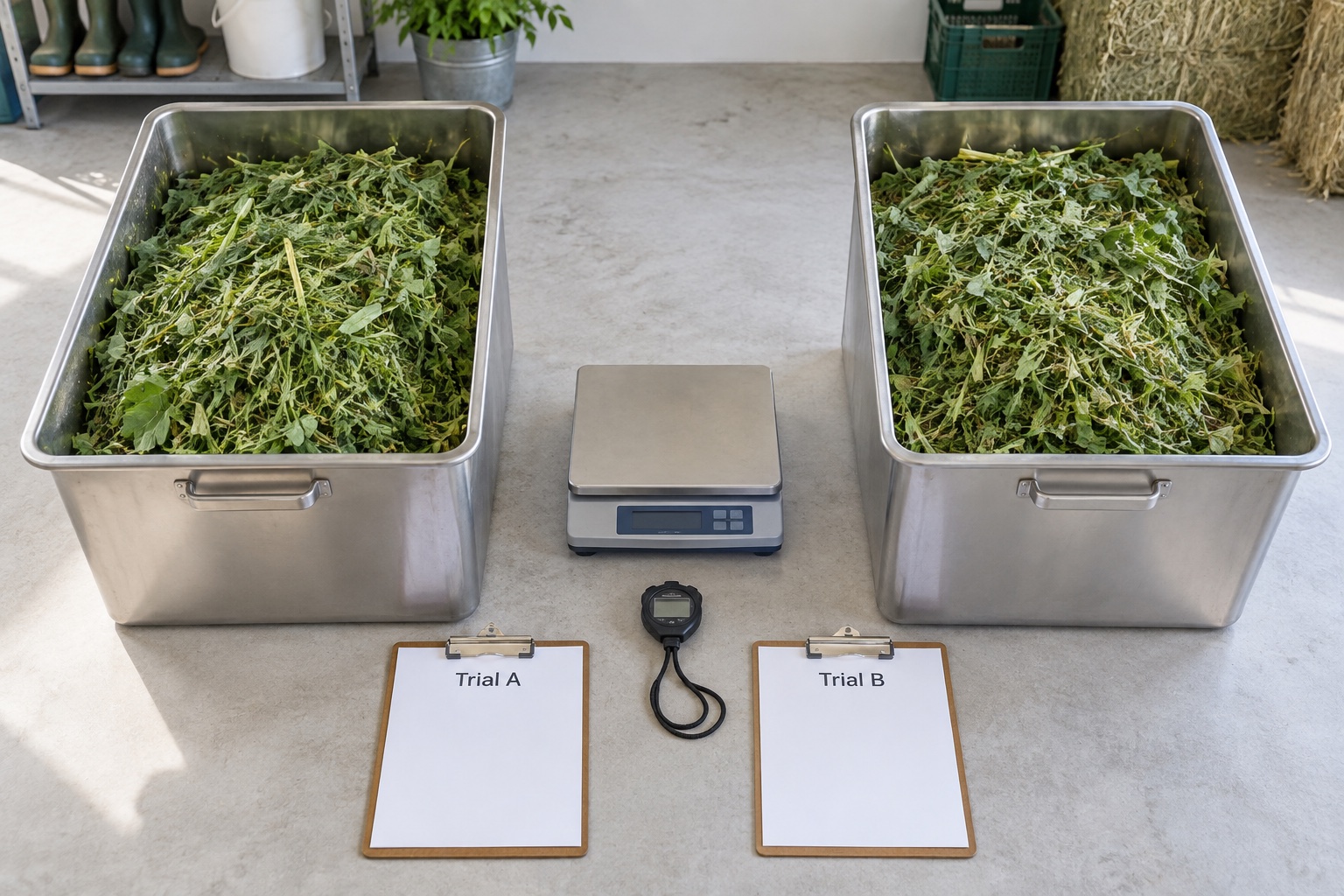 Matched forage batches and blank test records arranged for comparing two cutting configurations