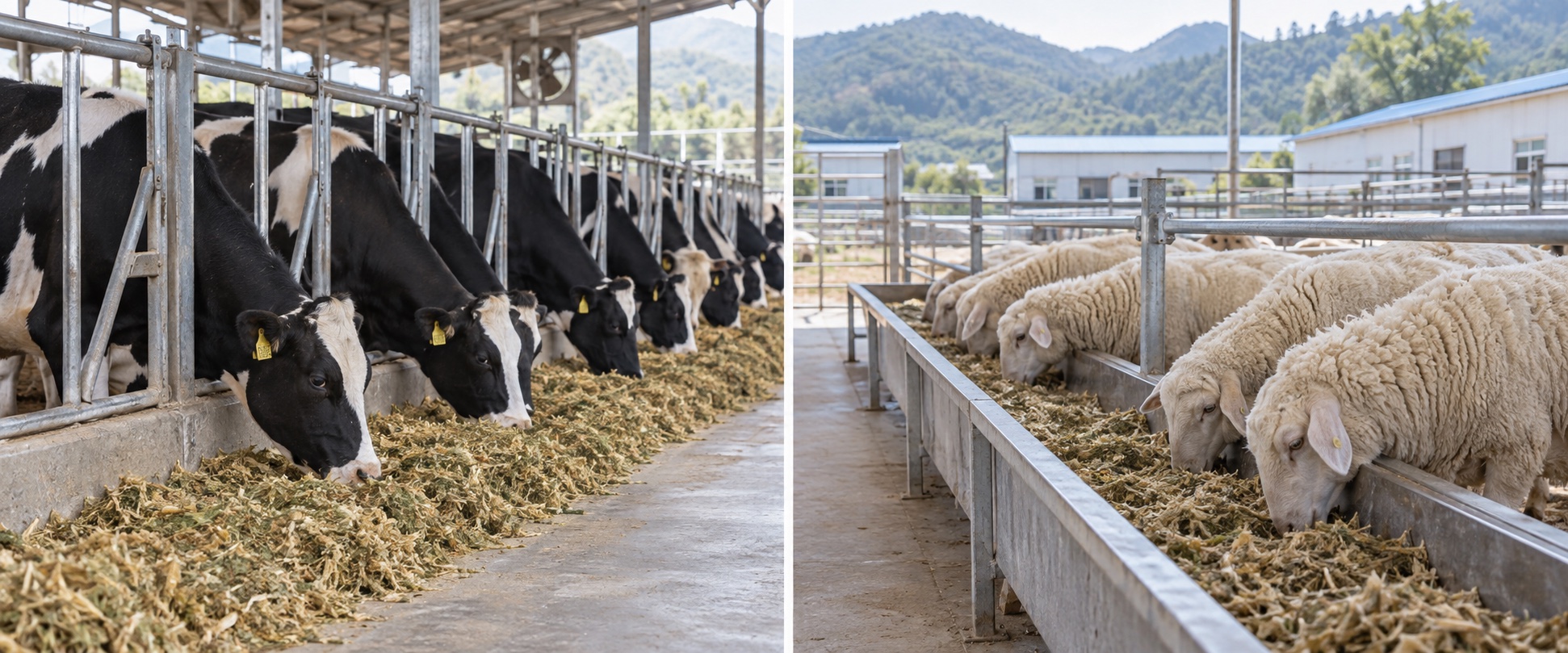 Cattle and sheep eating forage-based rations in separate demonstration pens