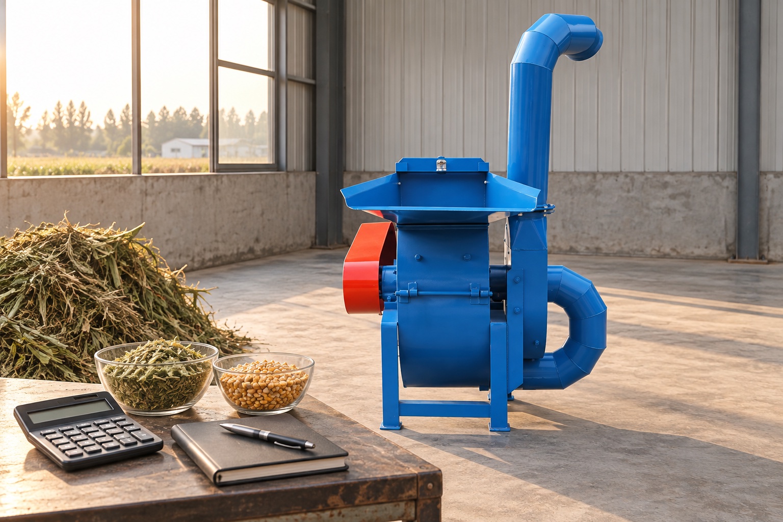 Grass Crusher Machine beside forage and grain samples during a daily cost review