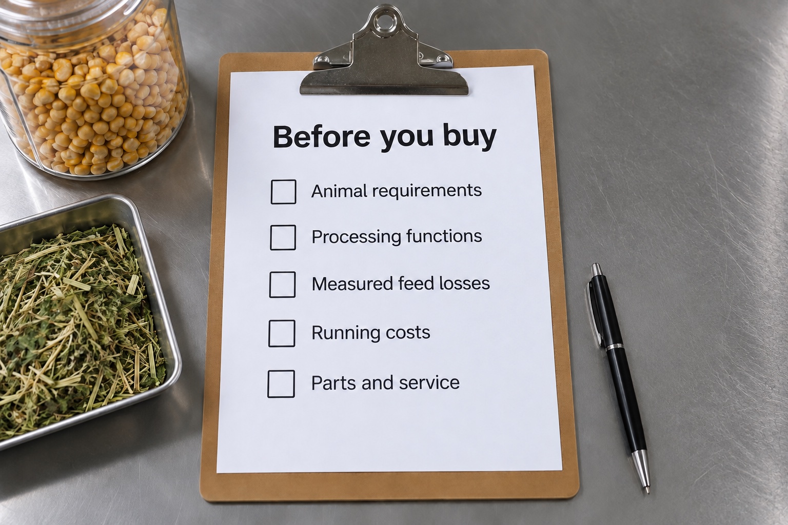 Final checklist covering animal needs, machine functions, measured losses, running costs and service