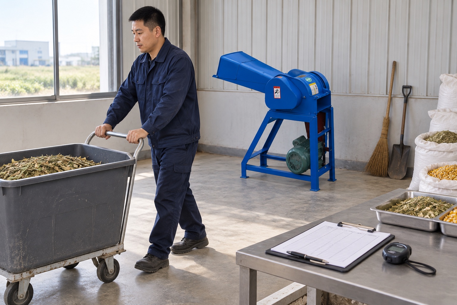 Worker moving a feed cart through a clear preparation area while machinery remains idle
