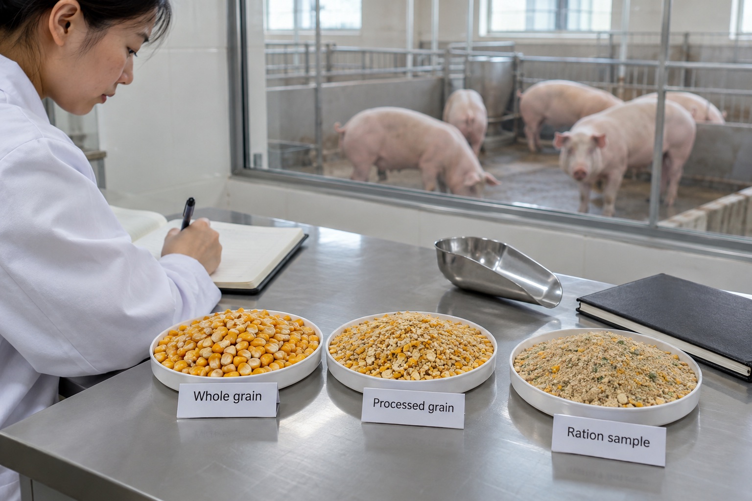 Whole grain, processed grain and a ration sample for reviewing pig-feed preparation