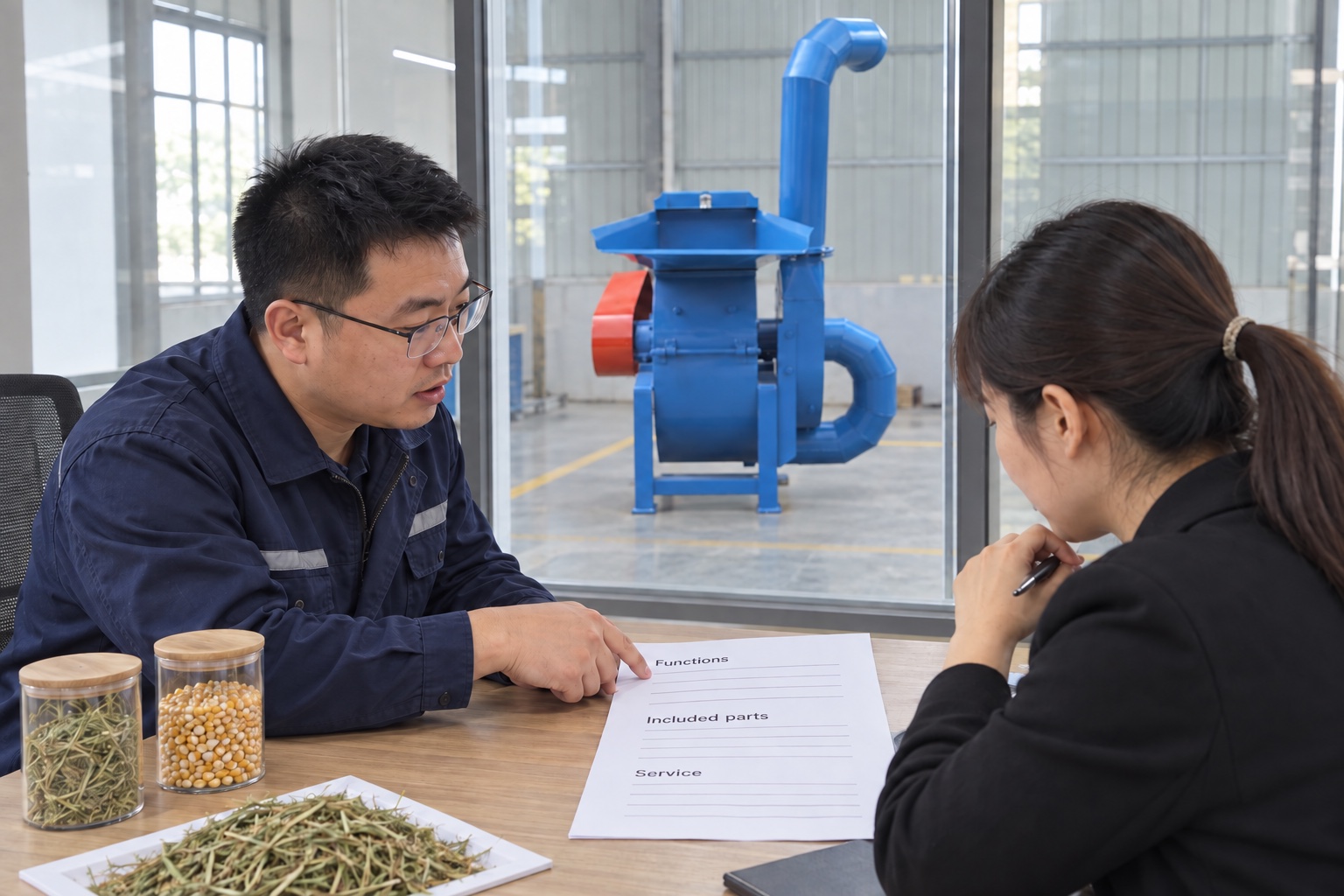 Grass Crusher Machine purchasing review with forage samples and an itemized quotation