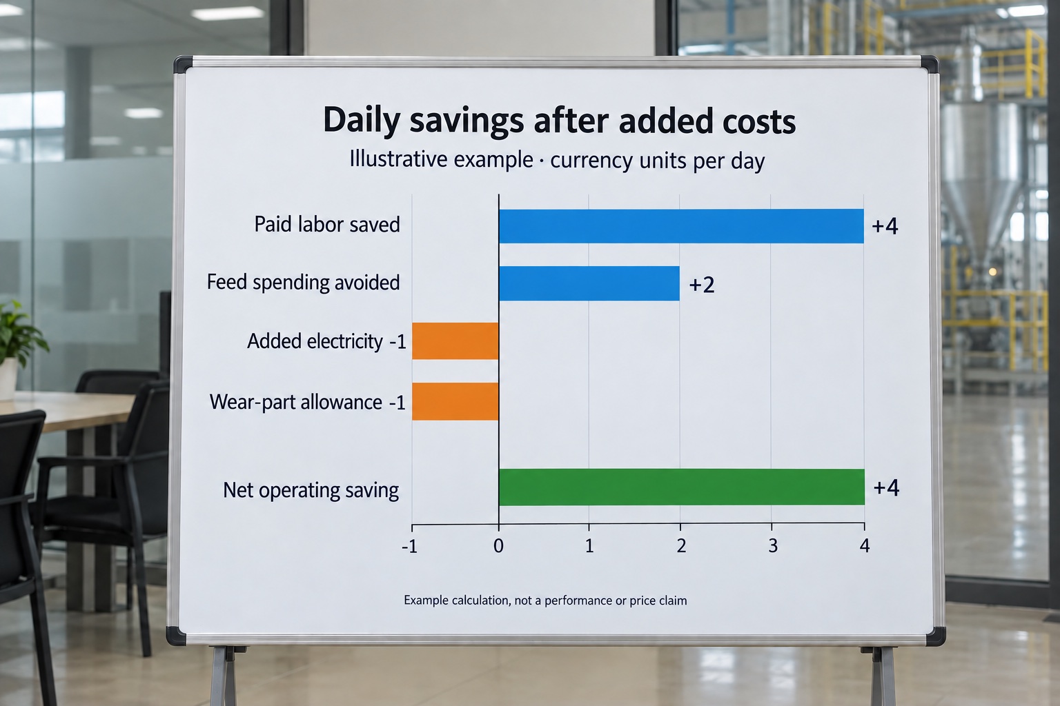 Illustrative Grass Crusher Machine daily savings chart with labor, feed, power and wear costs