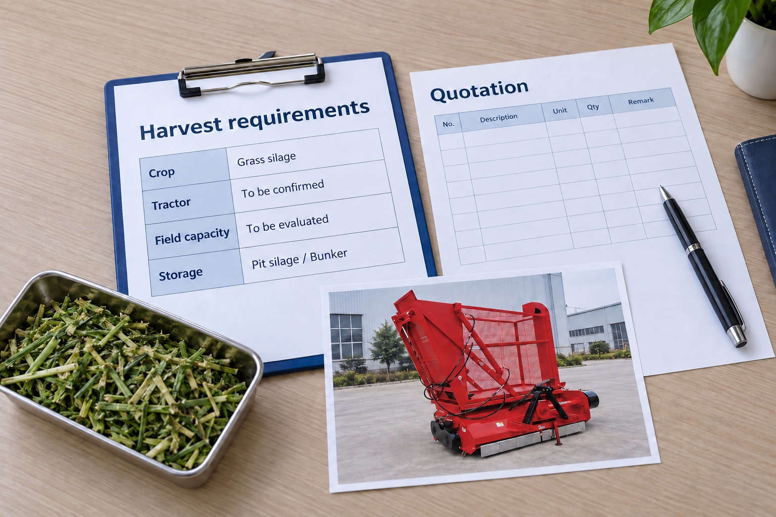 Crop, tractor, capacity and storage requirements reviewed beside a harvester quotation