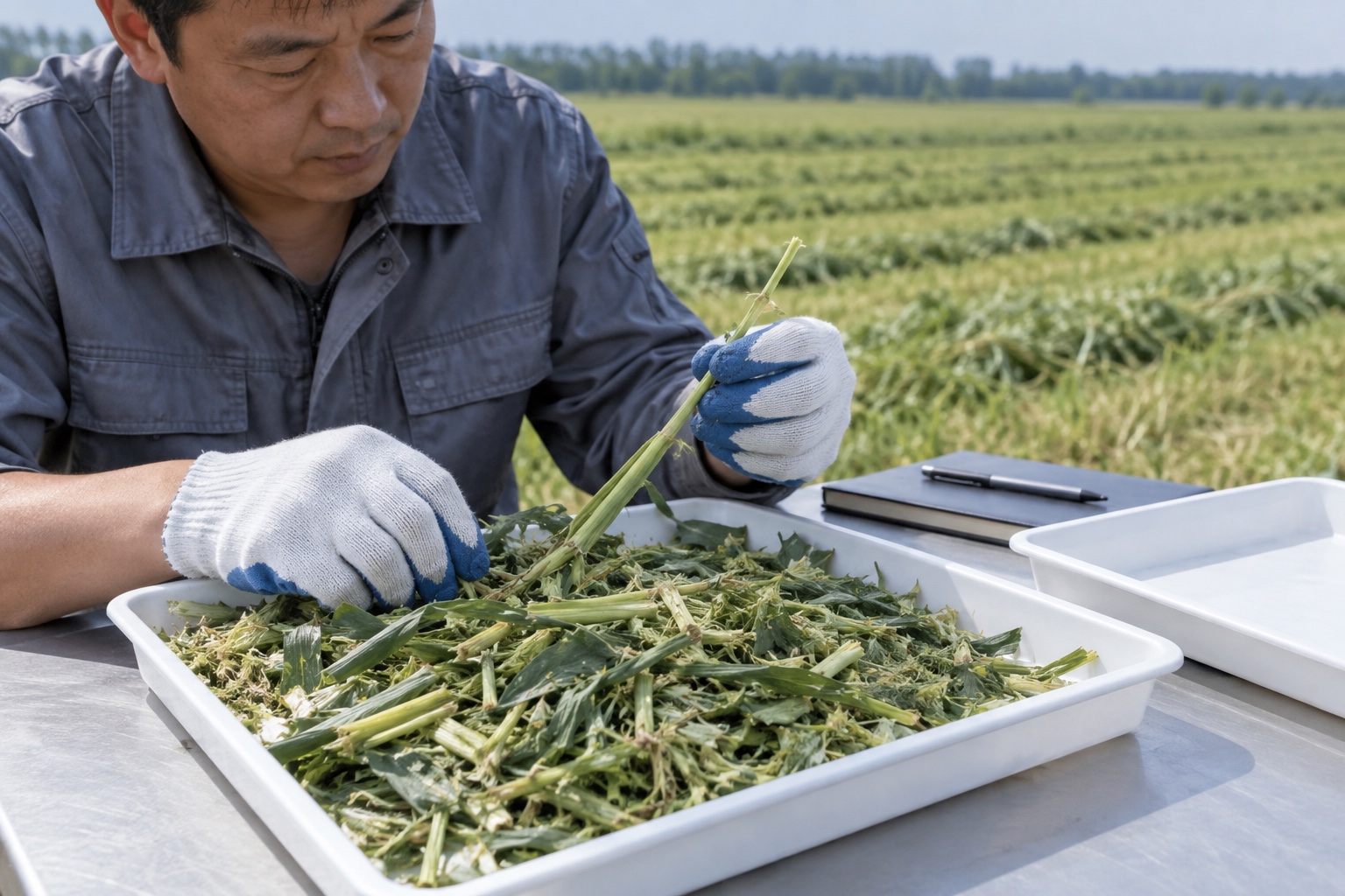 Collected grass sample being checked for long stems and fine fragments