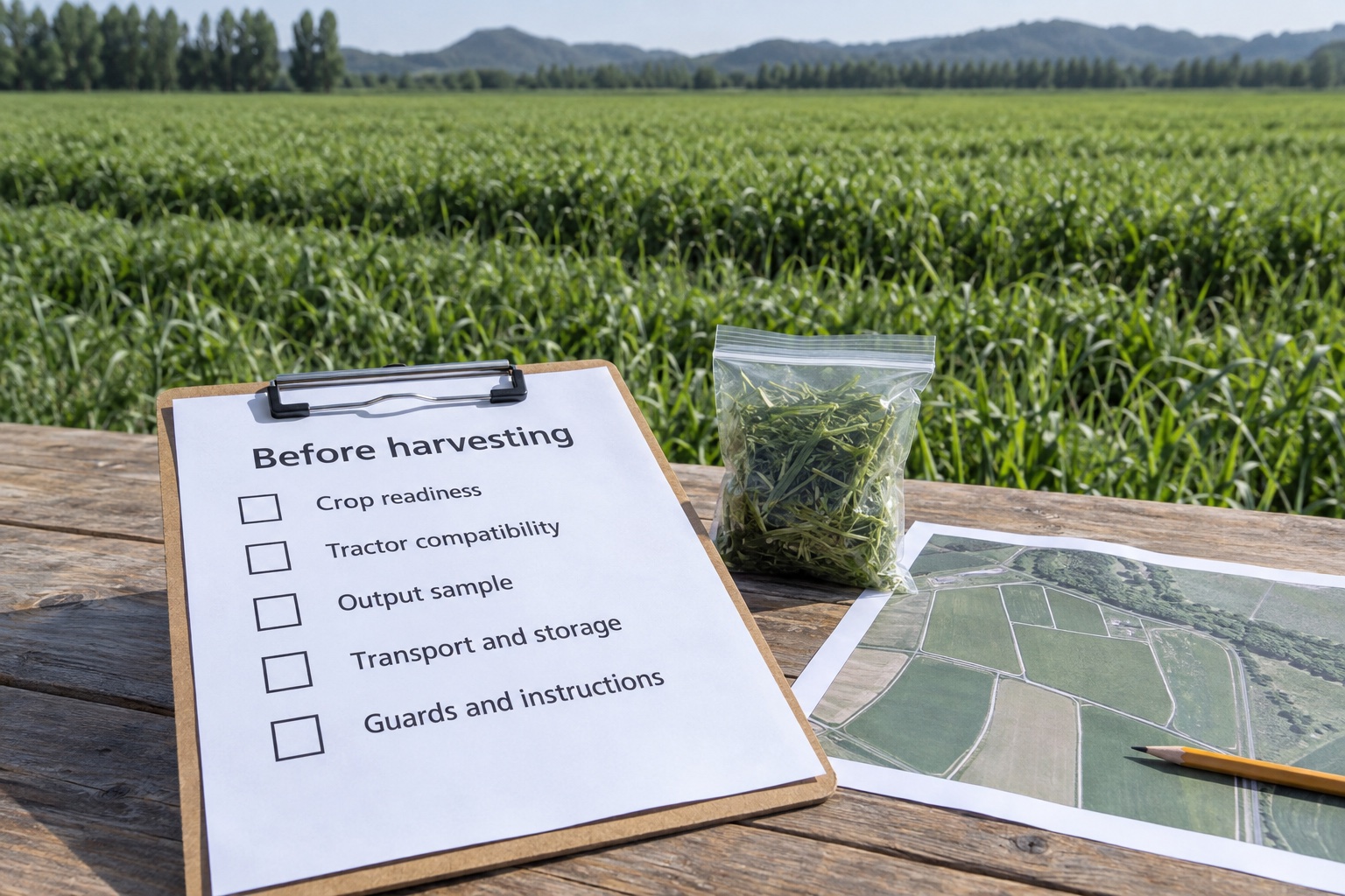 Final harvest checklist covering crop readiness, tractor match, output, transport and guards