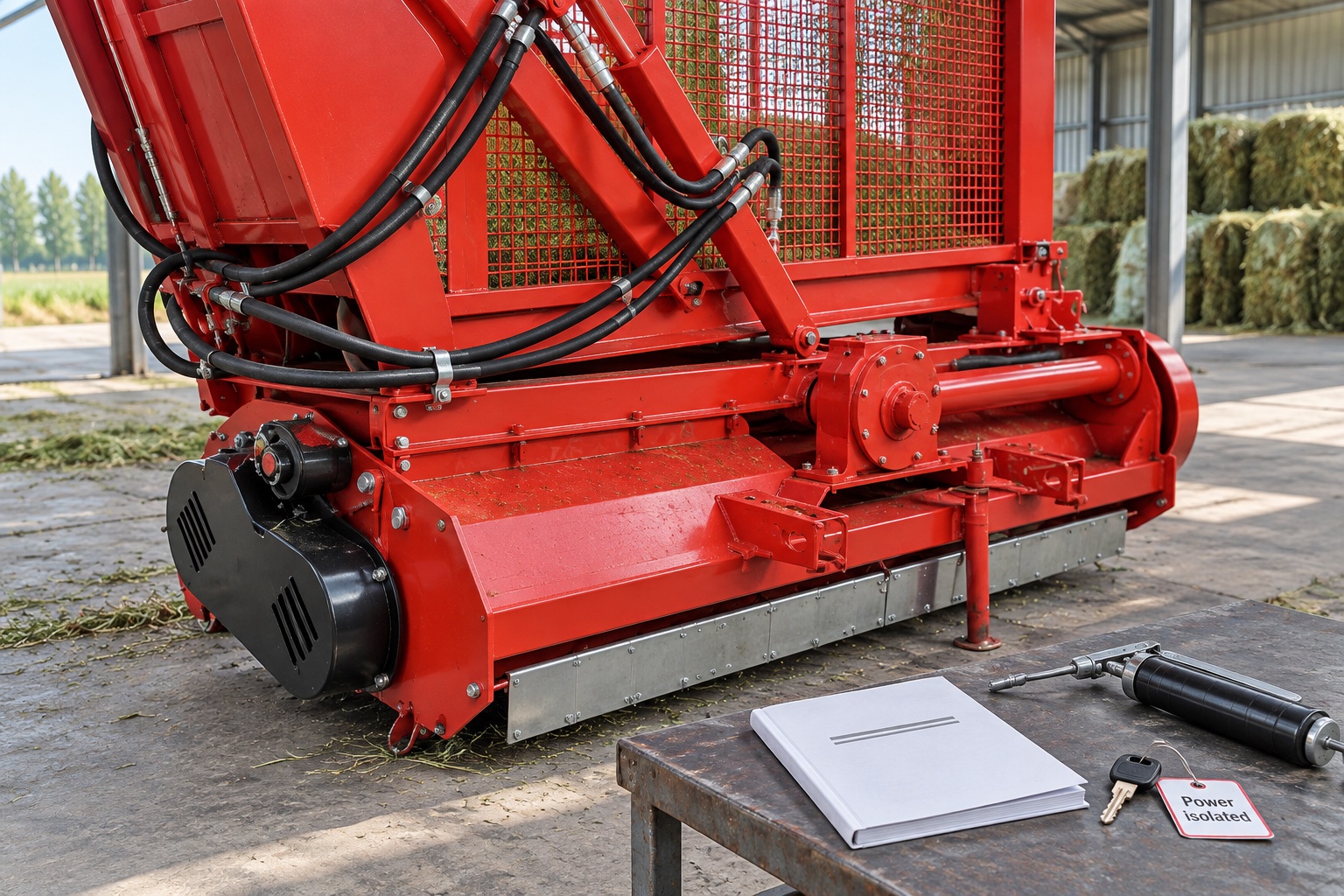 Protected Grass Silage Harvester drive area checked while equipment is stationary