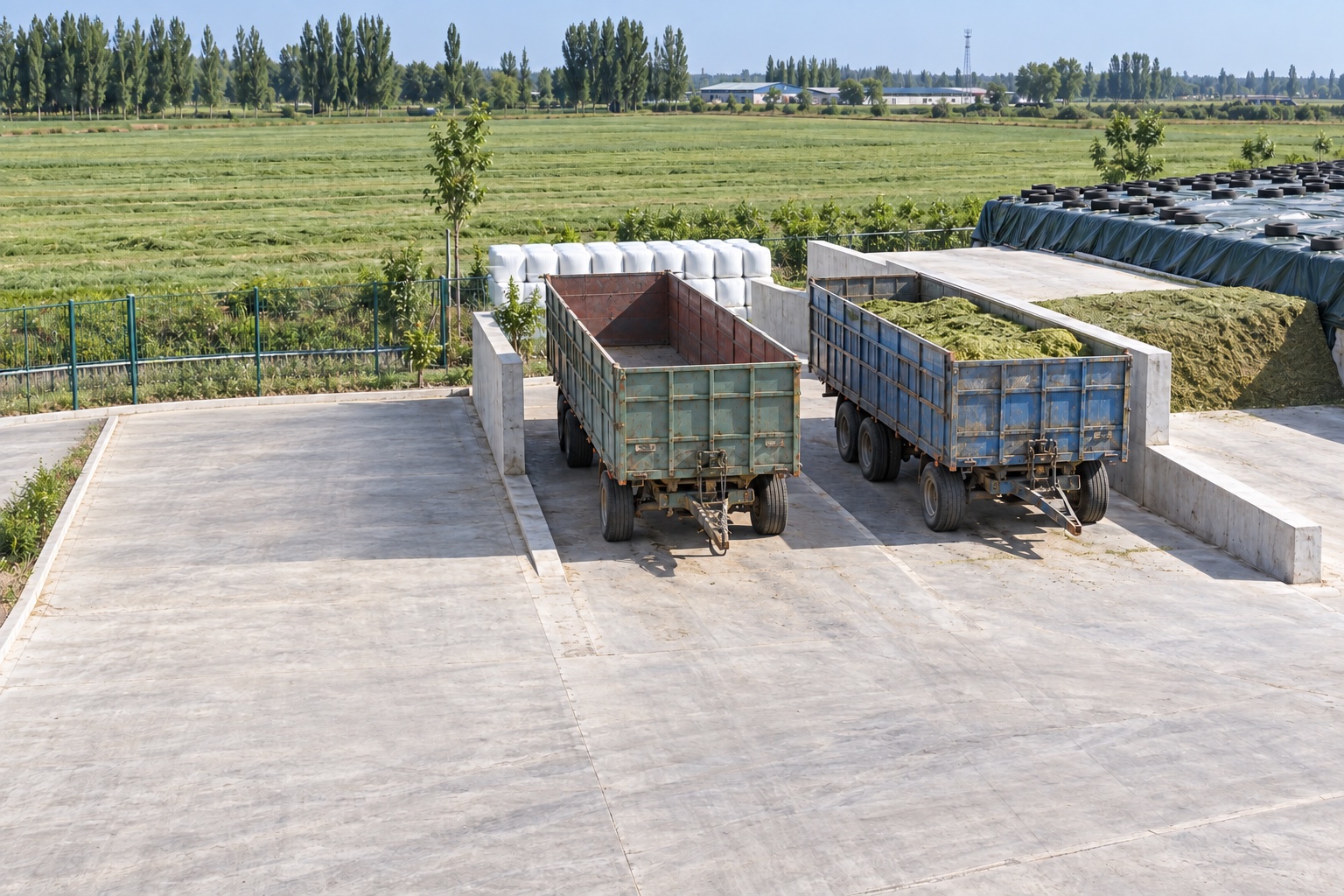 Harvest transport area with receiving trailers, clear access and prepared silage storage