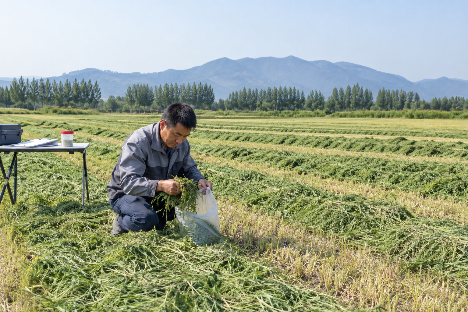 Field adviser collecting a representative grass sample beside a wilting swath
