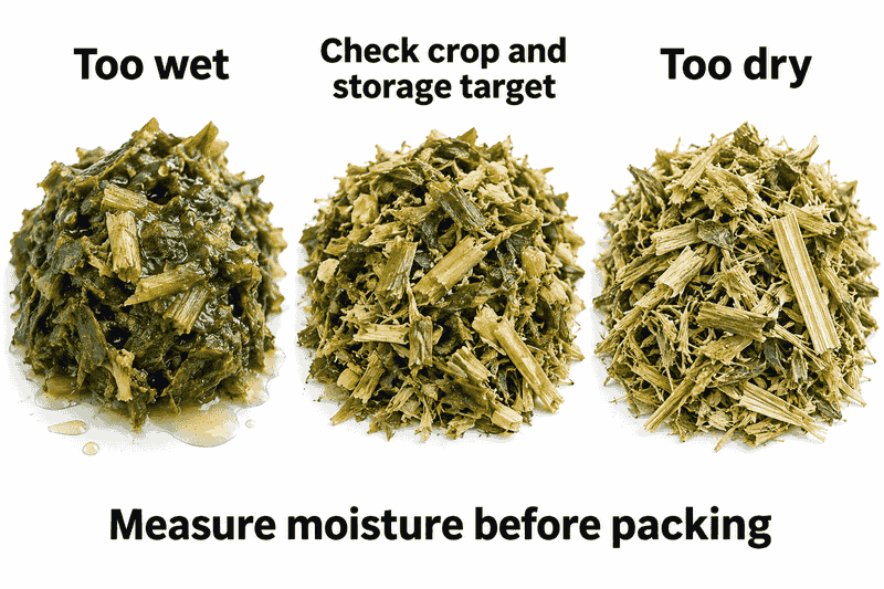 Moisture comparison chart showing wet, target-tested, and dry forage