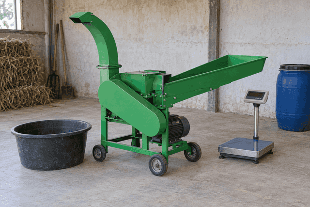 Compact guarded forage cutter and small-farm storage equipment