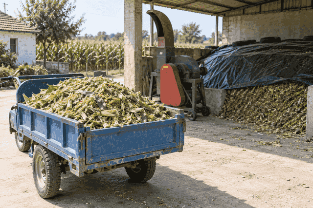 Freshly chopped forage in a clean cart beside the packing area