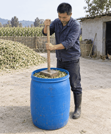 Manual compaction of chopped forage inside a small silage barrel