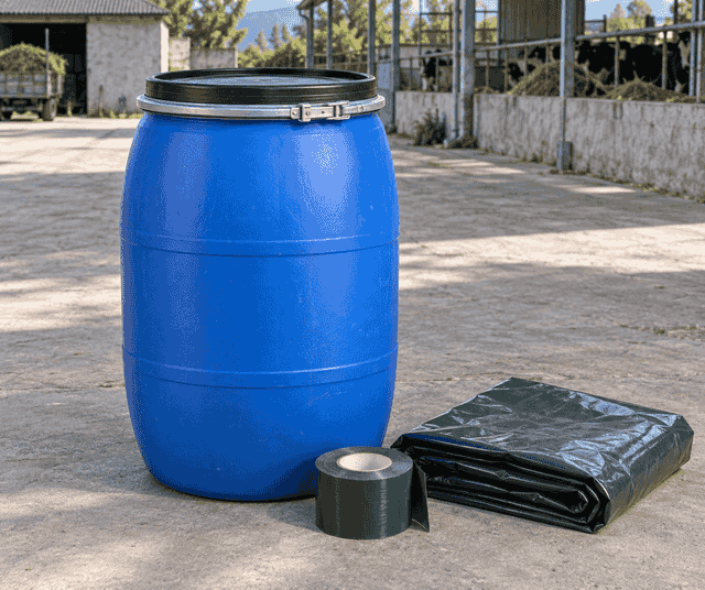 Closed silage barrel with a clamp-ring lid and repair materials