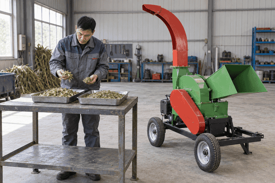 Technician comparing chopped forage samples beside a guarded cutter