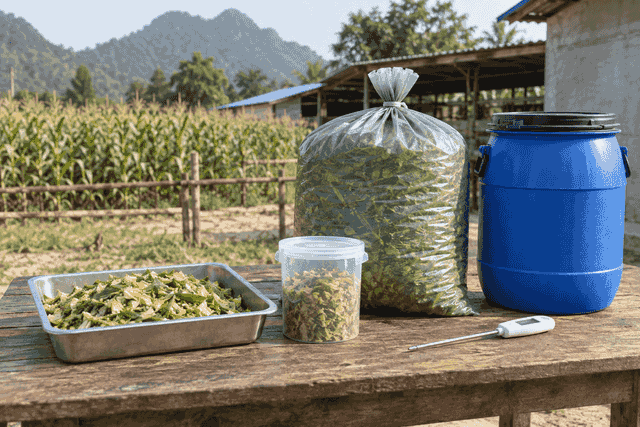 Small storage containers and forage-testing supplies for a trial batch