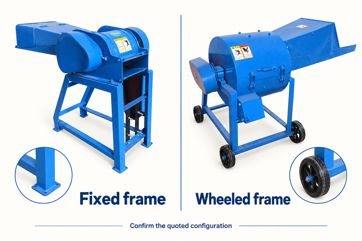 Fixed and wheeled Chaff Cutter configurations compared on a product selection board