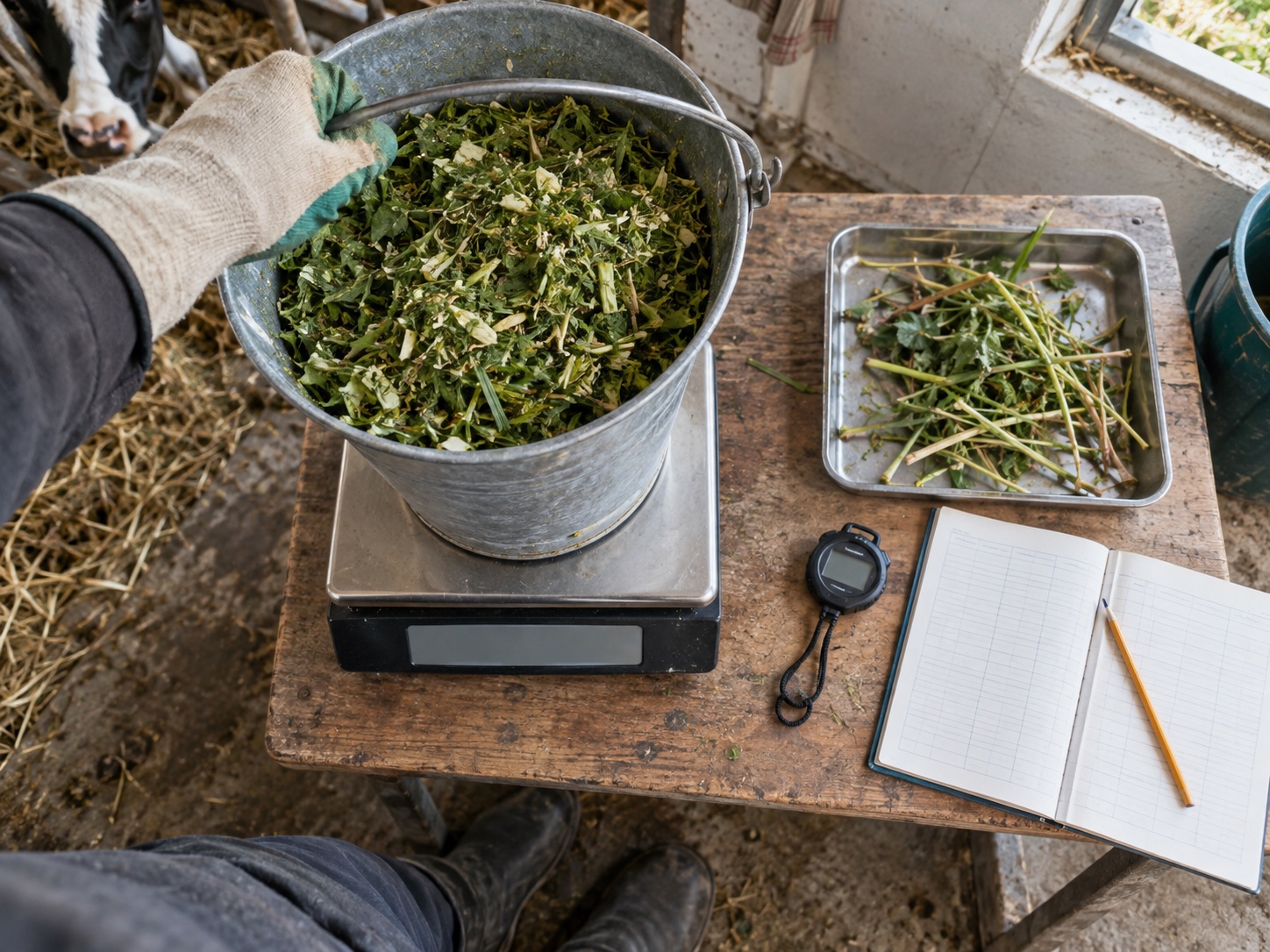 Weighing fodder and recording preparation time during a full-batch comparison