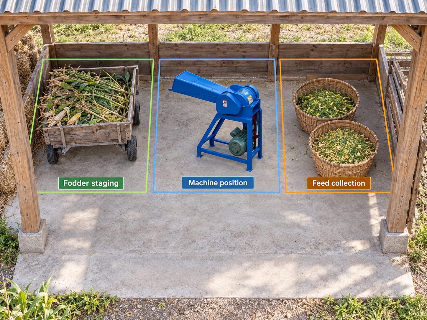 Overhead farm layout illustrating fodder staging, machine position and collection space