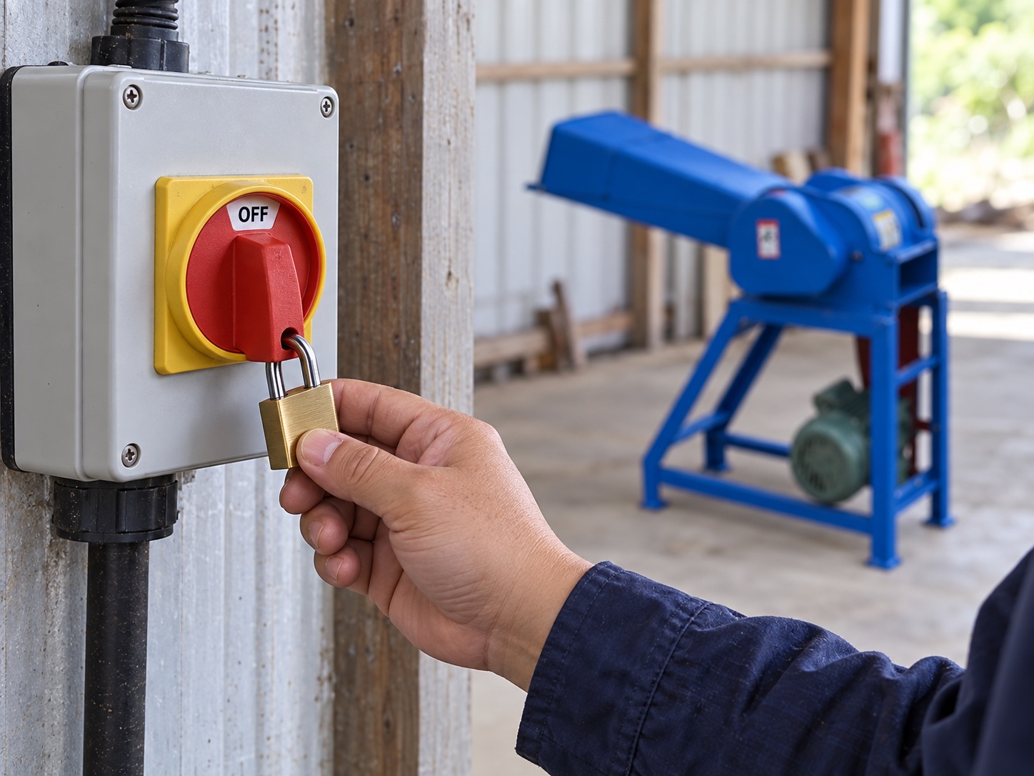 Operator securing an external electrical isolator before servicing stopped equipment