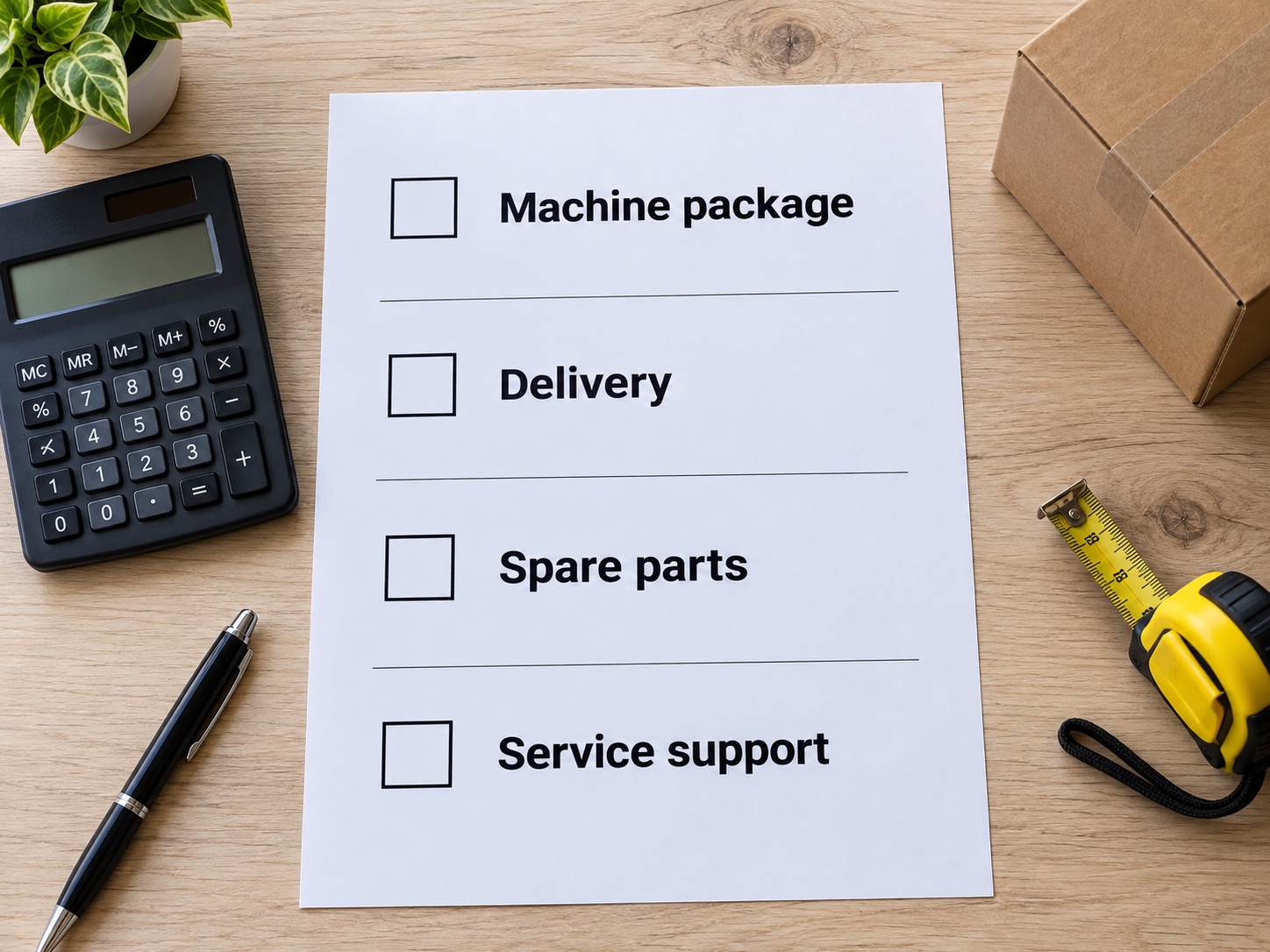 Itemized purchasing comparison covering equipment, delivery, spare parts and service