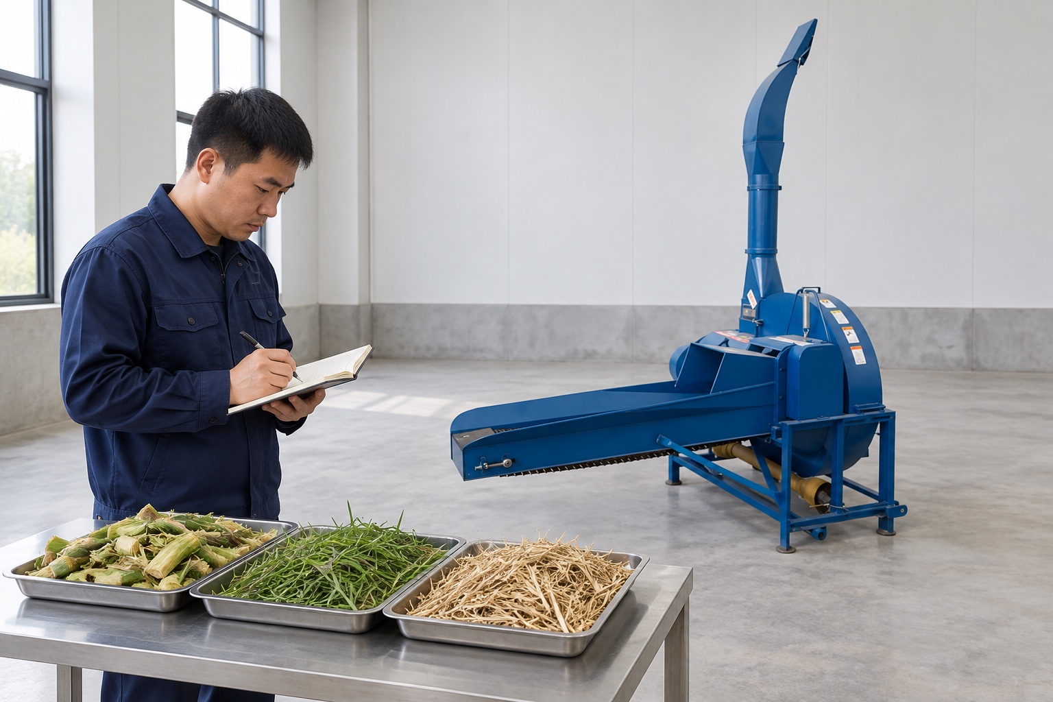 Representative reviewing crop samples beside a Chaff Cutter machine at a factory