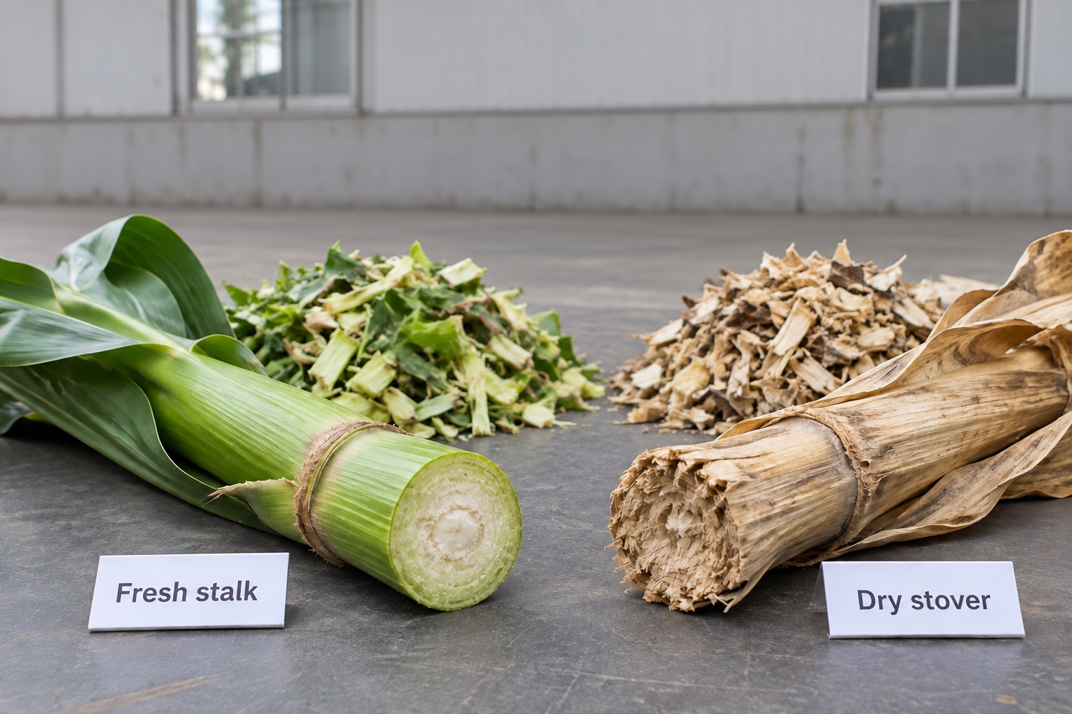 Fresh corn stalk and dry stover cross sections with illustrative chopped samples